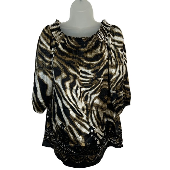 Cache Tops - Cache Tunic Top Blouse Size M Silk Animal Print Smocked 3/4 Sleeve Flowy Mobwife